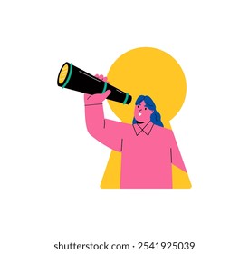 Mujer de negocios que usa el telescopio para mirar en la distancia Auto-descubrimiento. Ilustración vectorial plana aislada sobre fondo blanco