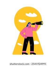 Mujer de negocios usando un telescopio para ver la distancia. Concepto de visión. Ilustración vectorial plana aislada sobre fondo blanco
