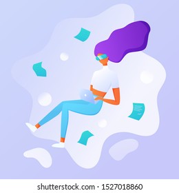 Business woman using virtual reality glasses and touching vr interface, data analysis. Into virtual reality world. Future technology. For landing page, banner, infographic. Girl wearing VR headset 