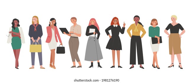 Business woman in various fashion styles. flat design style minimal vector illustration.