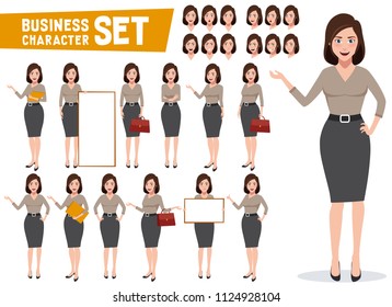 Business woman vector character set with professional young female office or sales employee in gestures and poses for presentations. Vector illustration.
