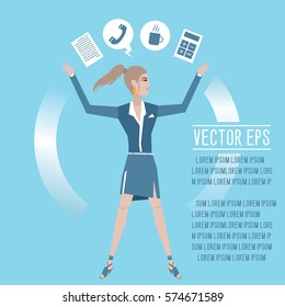 Business woman. Vector flat design. illustration isolated on blue background.