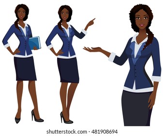 Business woman. Vector girl in business costume. Different poses of standing woman. 