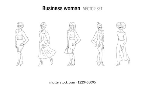 Business woman vector illustration. Sketch style set. Young fashion lady outline black and white