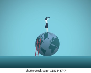 Business Woman Vision Vector Concept. Busineswoman Standing On Top Of The World. Symbol Of Visionary, Leadership, Motivation, Challenge, Opportunity. Eps10 Vector Illustration.