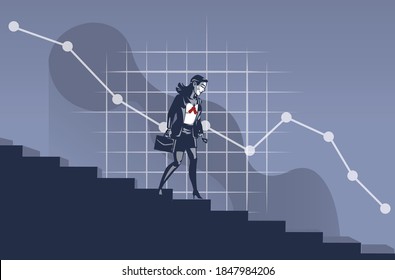 Business Woman Walk Down Stair Facing Decreasing Business Chart Illustration Concept