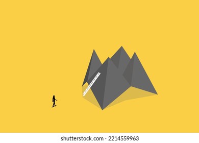 Business woman walk to origami paper. Symbol of ambition, business opportunities, motivation, Career success and visionary leadership.
