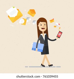 Business woman walk with a smartphone in hand and many e-mail letters follow him. Vector, illustration, flat