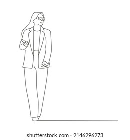 Business woman walk step forward. Hand drawn vector illustration. Black and white.