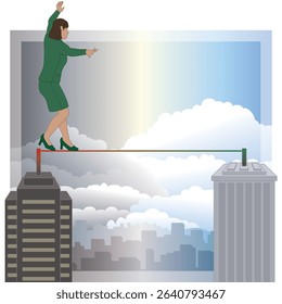 business woman walking along tightrope using the transition from stormy sky to calm blue sky symbolizing the balance of risk and reward high above the city skyline