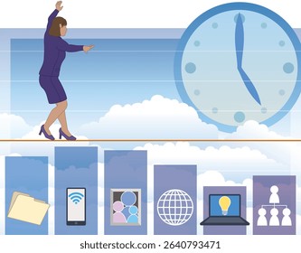 business woman walking along tightrope symbolizing the concept of balancing time with all aspects of business shown as icons on a bar graph