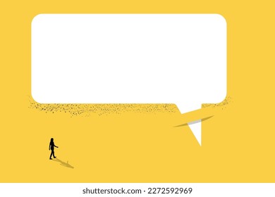 Business woman walking with Blank bubble talk or comment. Concept of career, promotion, communication, news, infographic. Copy space for ad