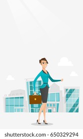 Business woman walking in the city street. Business woman walking down the street. Business woman walking to the success. Business success concept. Vector flat design illustration. Vertical layout.