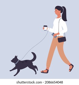 Business woman walking with dog on leash. Outdoor spending time with family puppy cartoon vector illustration