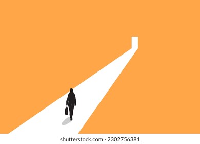 Business woman walking to door Concept of success, goal, motivation, growth, problems, hard work. Concept of ambitions, growth, opportunity, motivation