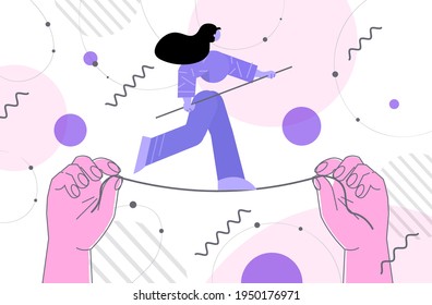 Business Woman Walking On Balancing Tight Rope Risk Challenge Help In Business Concept Horizontal