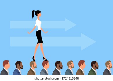 Business Woman Walking on Head of men, or colleagues, Overcoming difficulties through other people, using them like Bridge to success. Eps Vector Illustration, flat style