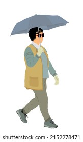 Business woman walking on the rain under umbrella after work vector illustration isolated on white. Elegant lady outdoor. Successful corporate girl in confident walk on the street. Traveler tourist.