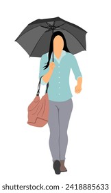 Business woman walking on the rain under umbrella after work vector illustration isolated on white. Elegant lady outdoor. Successful corporate girl in confident walk on the street.