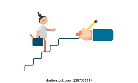business woman walking on stairs written by big hand. helping each other for success