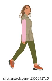 Business woman walking side view. Pretty girl in smart casual spring, summer street style outfit. Vector realistic illustration isolated on white background.