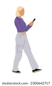 Business woman walking side view. Pretty girl in smart casual spring, summer street style outfit with phone. Vector realistic illustration isolated on white background.