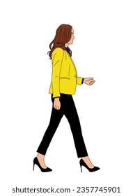 Mujer empresaria caminando por un lado. Una mujer muy guapa, jefa vestida con un traje de oficina formal, chaqueta amarilla, pantalones negros y tacones altos. Ilustración vectorial realista aislada en fondo blanco