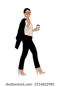 Business woman walking side view colored outline drawing. Pretty girl in formal suit holding coffee cup takeaway. Vector illustration isolated on white background.