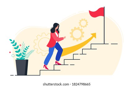 Business woman walking up stairs to their goal. In progress. Move up motivation, the path to the target's achievement.