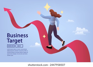 Business woman walking up stairs to their goal. Leaders who lead successful teams of the same goals and directions of business. Move up motivation. the path to the target's achievement. vector