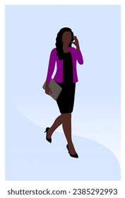 Business woman walking and talking on her cell phone and carrying a wallet bag. Background with abstract shape and gradient color. Silhouette of beautiful woman dressed elegantly.