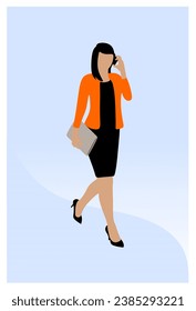 Business woman walking and talking on her cell phone and carrying a wallet bag. Background with abstract shape and gradient color. Silhouette of beautiful woman dressed elegantly.