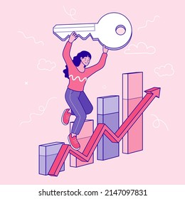 A business woman walking to the top of the graph ladder holding the golden success key to the sky. Key to business success. stairway to secret key or achieve career target. Flat design vector outline.