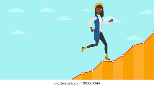 Business woman walking upstairs.