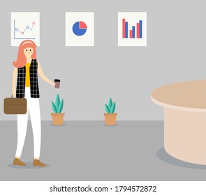 Business woman walks into work office with a cup of coffee in her hand