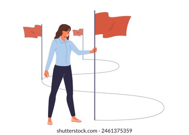 Business woman walks path to success and inserts winner flags on way to achieving professional goals. Lady manager implements tasks and consolidates success thanks to motivation and personal ambitions