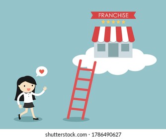 Business woman wants to go up to get her franchise job. Vector illustration.