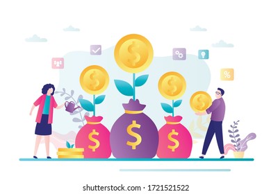 Business woman watering money tree. Businessman save money for promotion. Cartoon people investment in growth capital and profits. Investors strategy, funding concept. Trendy flat vector illustration