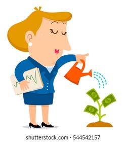 business woman watering a sapling that grows money