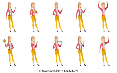 Business woman waving her hand. Full length of business woman waving hand. Business woman making greeting gesture - waving hand. Set of vector flat design illustrations isolated on white background.
