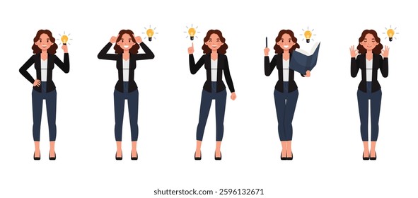 Business woman wear black shirt, long brown curly hair character vector illustration design set. Women having idea.