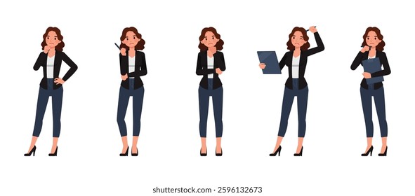 Business woman wear black shirt, long brown curly hair character vector illustration design set. Women thinking, solve problems, ideas.