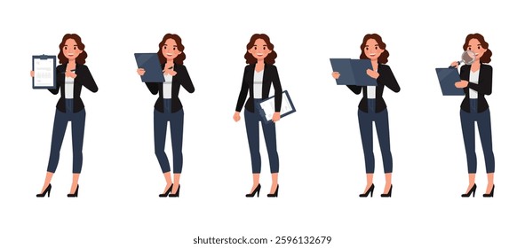 Business woman wear black shirt, long brown curly hair character vector illustration design set. Women working and holding file.
