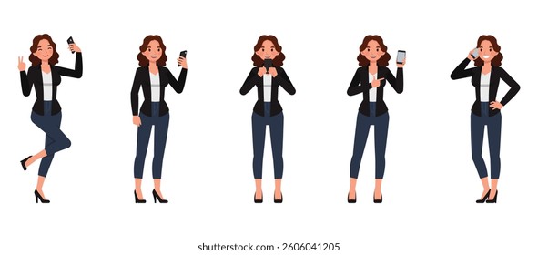 Business woman wear black shirt, long brown curly hair character vector illustration design set. Women using talk, play and watch mobile phone.