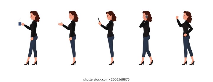 Business woman wear black shirt, long brown curly hair character vector illustration design set. Women holding coffee cup and talk on phone.