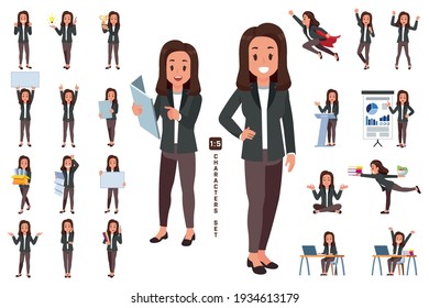 business woman wear suit character collection 2 in five head to body ratio scale. Working and general situation pose of staff.