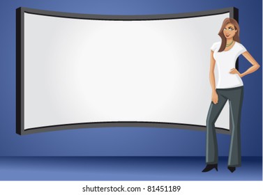 Business woman wearing black suit with presentation screen