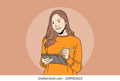 business woman wearing casual clothes, hand using a tablet to check inventory.