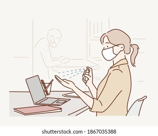 Business woman wearing face mask in the office disinfecting hands because of Covid-19 and corona virus. Hand drawn style vector design illustrations.