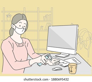 Business woman wearing face mask in the office. she use hands gel sanitizer because of Covid-19 or coronavirus. Infection control concept. Hand drawn in thin line style, vector illustrations.